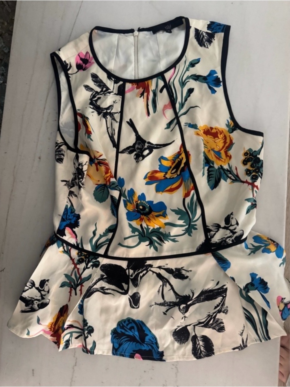 TIBI Floral Peplum Shell Top - White with Blue & Yellow Floral Print